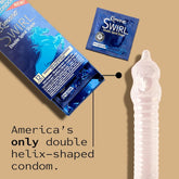 Image showcasing a condom product. On the left, there's an open blue box labeled "Kimono Swirl Double-Spiral Shape Condoms" with a small packet above it. On the right, a transparent, double helix-shaped condom made from premium vegan latex is displayed. Text reads "America's only double-helix-shaped condom.